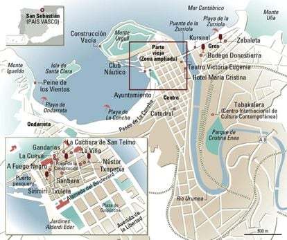 Mapa de San Sebastián con los distintos bares donde probar 'pintxos'.