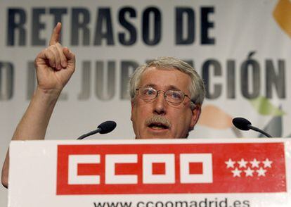 El secretario general de CC OO, Ignacio Fernández Toxo, durante la asamblea de delegados celebrada hoy por esta central sindical.