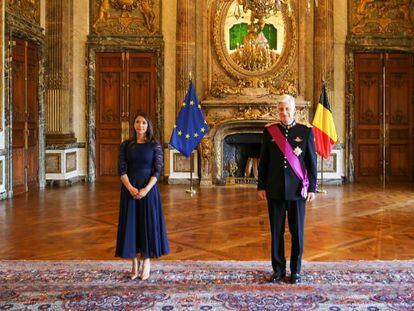 Zoila Yanira Müller Goff, embajadora de Nicaragua en Bruselas, presenta sus credenciales al rey Felipe de Bélgica, el 29 de junio de 2022.