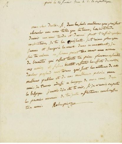 La carta manuscrita de Robespierre a Danton.