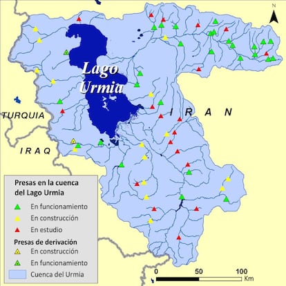 Fuente: Hassanzadeh, E., Zarghami, M., Hassanzadeh, Y. (2011). Determining the Main Factors in Declining the Urmia Lake Level by Using System Dynamics Modeling. Water Resources Management, 26(1), 129-145. doi: 10.1007/s11269-011-9909-8. visualización por UNEP GRID Sioux Falls.