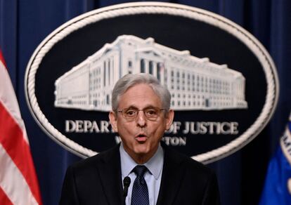 El fiscal general de Estados Unidos, Merrick Garland, durante su comparecencia este jueves, en el Departamento de Justicia.