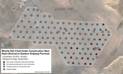 Imagen de la red de silos para misiles en la zona de Hami, en la región de Xinjiang. Fuente: Federación de Científicos Americanos (FAS)