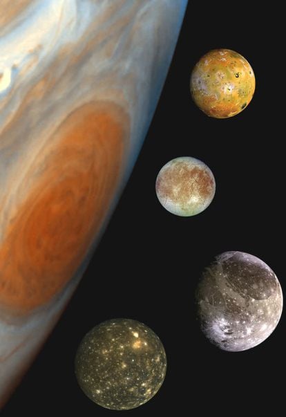 Imagen de familia jupiteriana con fotografías del planeta y sus cuatro mayores lunas (Io, Europa, Ganímedes y Calisto, de abajo a arriba)