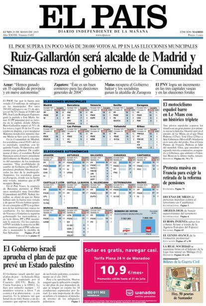 Portada del d&iacute;a despu&eacute;s de las elecciones auton&oacute;micas y municipales de mayo de 2003. El PP lograba la alcald&iacute;a de Madrid por mayor&iacute;a absoluta y el PSOE rozaba el Gobierno de la Comunidad, finalmente arrebatado tras el &#039;tamayazo&#039;.