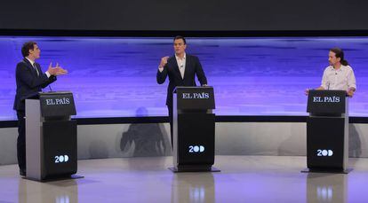 Albert Rivera, Pedro Sánchez y Pablo Iglesias, en el debate organizado por EL PAÍS el pasado noviembre.