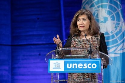 Gabriela Ramos,  subdirectora general de Ciencias Sociales y Humanas de la UNESCO, durante la conferencia en París.