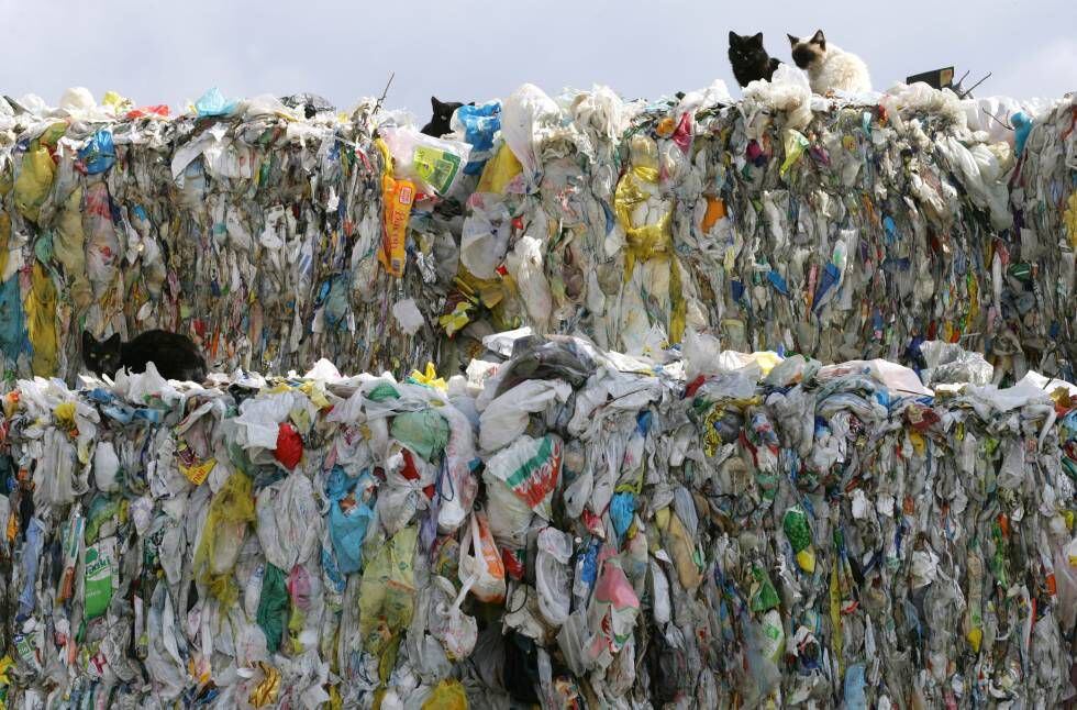 Plásticos en una planta de clasificación de basuras.