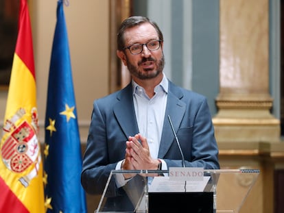 El vicepresidente primero y portavoz de la Mesa del Senado, Javier Maroto, durante una rueda de prensa, el 5 de septiembre.