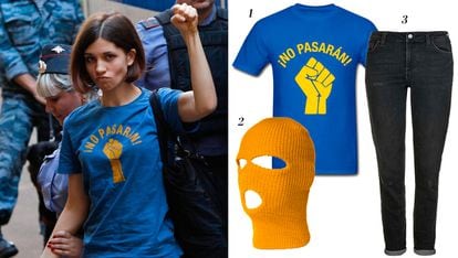 Pussy Riot (Nadezhda Tolokonnikova)

1. Camiseta 'No pasarán' disponible en Shirtcity (22,95 euros) 2. Pasamontañas de colores (como los de las Pussy Riot) de Wamart (c.p.v.) 3. Vaqueros de Topshop (57 euros).