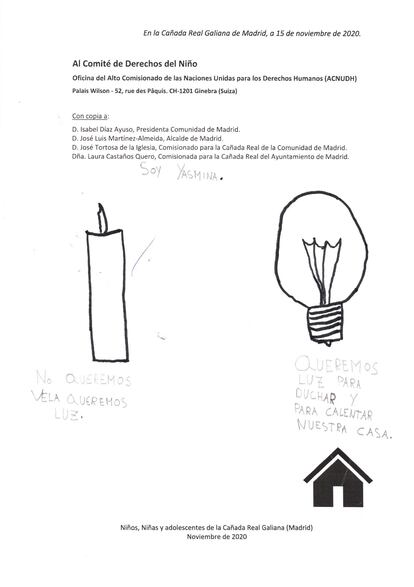 Carta número 2 de niños de la Cañada Real que han mandado a Ayuso, Almeida, los comisionados y la ONU.