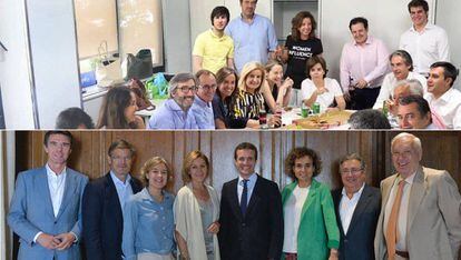 Fotografías facilitadas por la candidatura de Soraya Sáenz de Santamaría (arriba) y de Pablo Casado (abajo), de los encuentros que los dos candidatos a liderar el PP han celebrado hoy en Madrid.