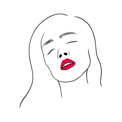 Woman with open mouth, with red lips. Line art hand drawn vector illustration.