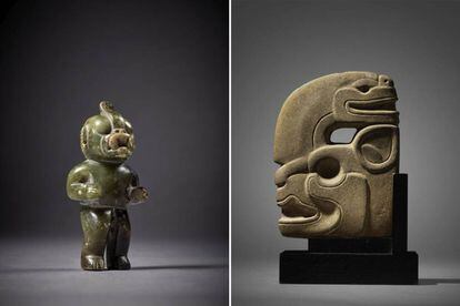 Una figura olmeca de piedra (izquierda) y una efigie maya en subasta en la casa Sotheby’s.