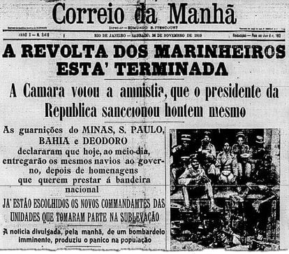El fin de la revuelta en la primera página de un diario carioca en noviembre de 1910.