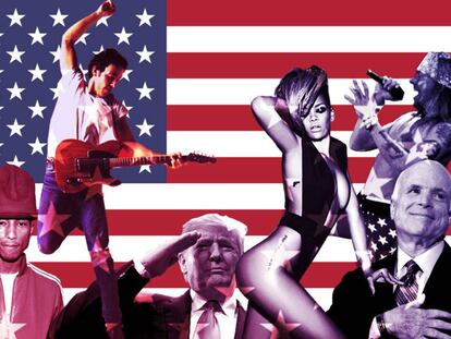 Ronald Reagan reivindicó a Bruce Springsteen y se equivocó. John McCain enfadó a Foo Fighters. Y Trump solo suele poner en sus mítines a grupos que le desprecian, como Pharrell Williams, Rihanna o Guns N' Roses. Algunos de estos nombres aparecen en este montaje.