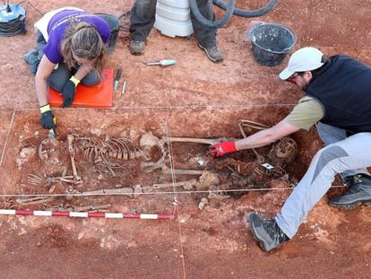 Exhumación de cadáveres de la Guerra Civil en una cuneta cerca de La Riba de Escalote (Soria), el pasado 27 de septiembre.