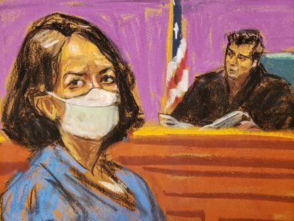 Un boceto de la asociada de Ghislaine Maxwell, Jeffrey Epstein, escucha su sentencia de la jueza Alison Nathan en Nueva York (Estados Unidos).