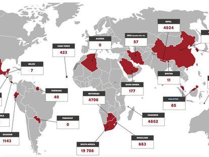Casos de malaria autóctonos en 2017 dentro de los países que aspiran a estar libres de la enfermedad en 2020.