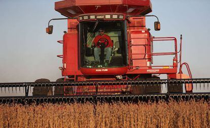 Un hombre trabaja con un tractor en un cultivo de soja en Iowa (EE UU).