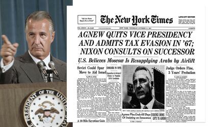 Spiro Agnew en la Casa Blanca y la portada de 'The New York Times' dedicada a su dimisión por un escándalo de corrupción el 11 de octubre de 1973.