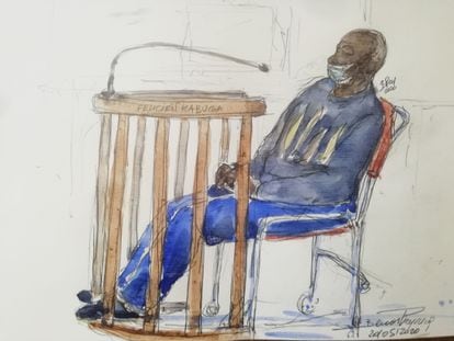 Retrato de Félicien Kabua, uno de los presuntos responsables del genocidio de Ruanda, durante su audiencia en el tribunal de París