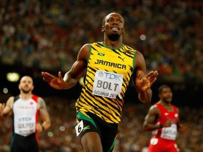 Usain Bolt, tras cruzar la línea de meta