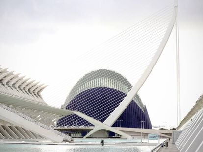 Ciudad de las Artes y las Ciencias de Valencia. Al fondo, de azul, el &Agrave;gora.