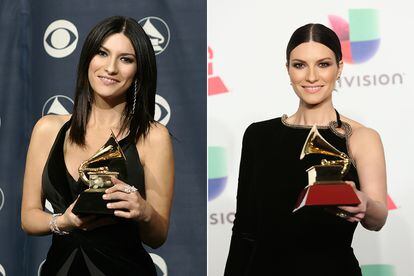 Laura Pausini en los Grammy de 2006 (izda.) y en los Grammy Latinos de 2018.