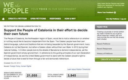 Imagen de la petici&oacute;n sobre Catalu&ntilde;a en la p&aacute;gina de la Casa Blanca.