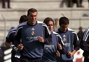Zidane, Michel Salgado y Helguera, durante el entrenamiento de ayer.
