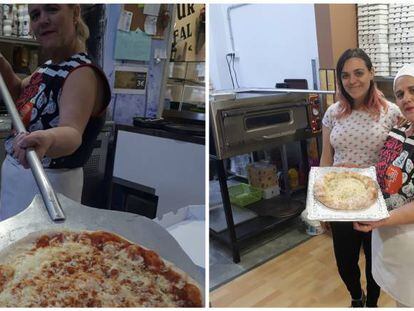 María del Pino Betancort muestra una de sus pizzas. A la derecha, con su hija Nisa.