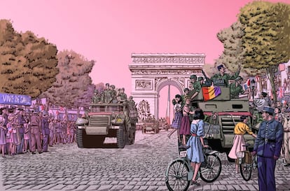 Ilustración de la novela gráfica, de Paco Roca, 'Los surcos del azar', que recrea la entrada de La Nueve a París.