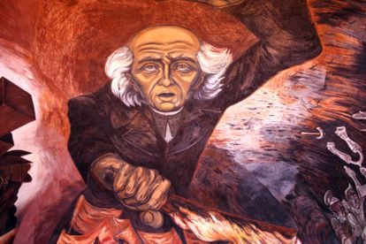 Miguel Hidalgo retratado por José Clemente Orozco en un mural ubicado en el Palacio de Gobierno de Guadalajara.