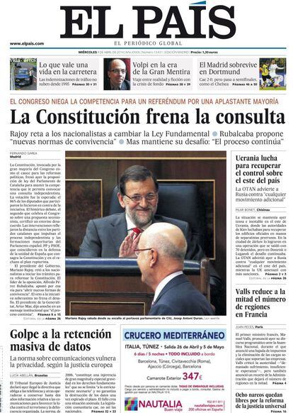 9 de abril de 2014. El 86% de los diputados del Congreso rechaza ceder la competencia sobre referendos y advierte a Cataluña de que la consulta vulnera la Constitución.