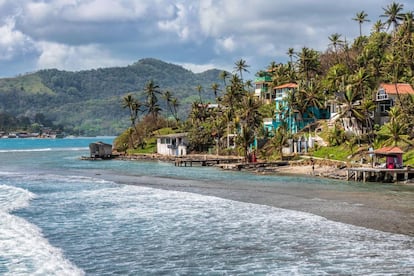 Casas caribeñas y cocoteros en la costa sur de Isla Grande.