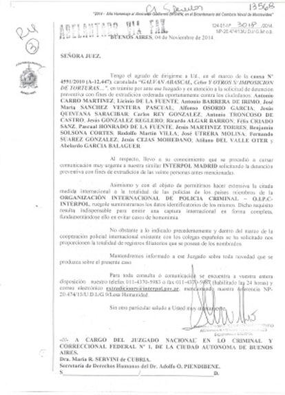 Notificación de Interpol Argentina a la juez María Servini de Cubría.