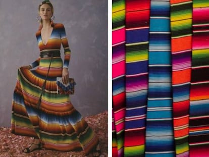 A la izquierda, un modelo de la marca de moda Carolina Herrera. A la derecha, varios sarapes de Tlaxcala