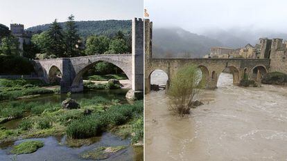 Pont romà de Besalú (la Garrotxa), abans i durant el temporal.