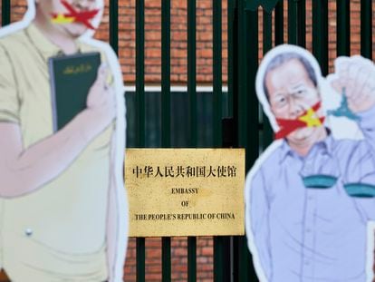 Acción de denuncia por el encarcelamiento de activistas, ante la Embajada de China en La Haya, el pasado enero.