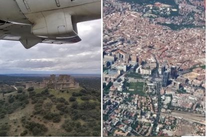 Imágenes tomadas desde el avión de muestreo: vuelo sobre Puebla de Almenara (Cuenca) y sobre el centro de Madrid.