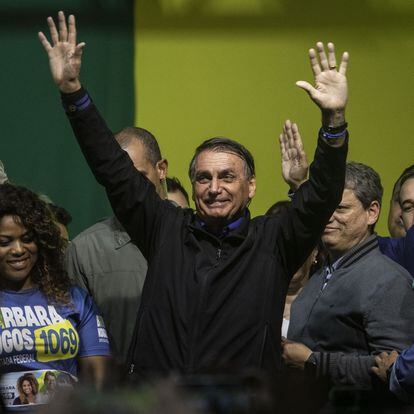 Jair Bolsonaro, Brazil's president, during a campaign event in Santos, Sao Paulo state, Brazil, on Wednesday, Sept. 28, 2022. Luiz Inacio Lula da Silva saw his lead over incumbent Jair Bolsonaro grow in surveys by Quaest and Poderdata, with the former signaling he has enough support for an outright win, though the margin is small. Photographer: Victor Moriyama/Bloomberg