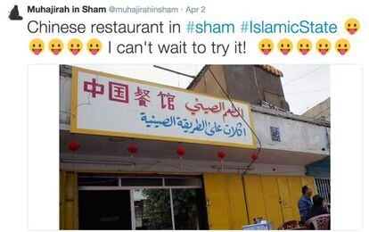 Un tuit de una yihadista en el que alaba un restaurante chino en Raqqa.