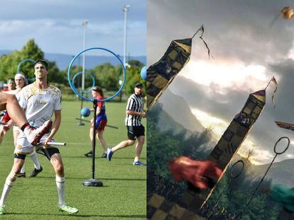 A la izquierda, una competición real de quidditch. A la derecha, Daniel Radcliffe durante un partido de este deporte en las películas de Harry Potter.