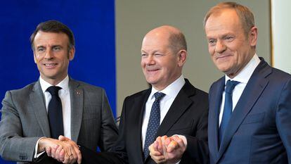 El presidente de Francia, Emmanuel Macron, el canciller, Olaf Scholz, y el primer ministro polaco, Donald Tusk.