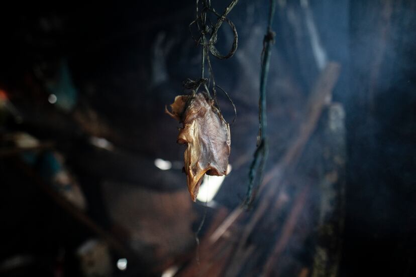 Un pedazo de pescado listo para ser cocinado, en el campamento indígena del Parque Nacional de Bogotá.