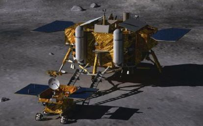 Ilustraci&oacute;n de la misi&oacute;n Chang E3 en la Luna, con un m&oacute;dulo de descenso y un veh&iacute;culo rodante. 