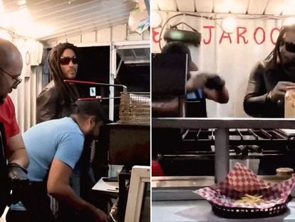 El músico Lenny Kravitz en el puesto de tacos y hamburguesas 'El Jarocho', en Ciudad de México, el 2 de abril de 2024.