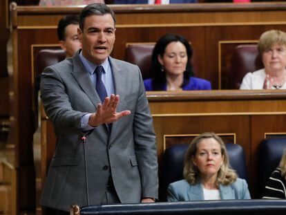 El presidente del Gobierno, Pedro Sánchez, interviene en la sesión de control al Gobierno en el Congreso este miércoles.
