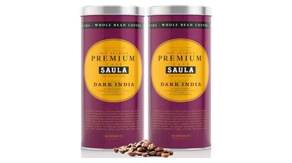 Dos latas de café en grano Saula.